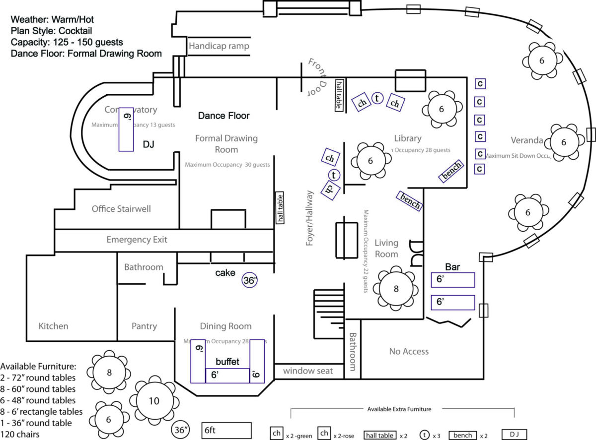 Plan Style: Cocktail Capacity: 125 - 150 Dance Floor: Formal Drawing Room